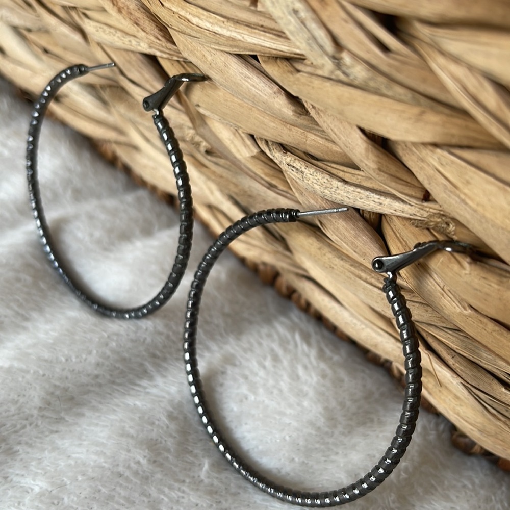 2” Hoop Graphite Gray Metal Earrings Diamond Cut Design